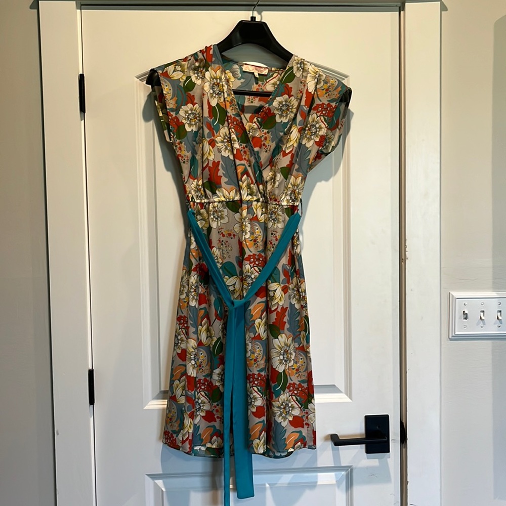 Mid length floral dress with belt